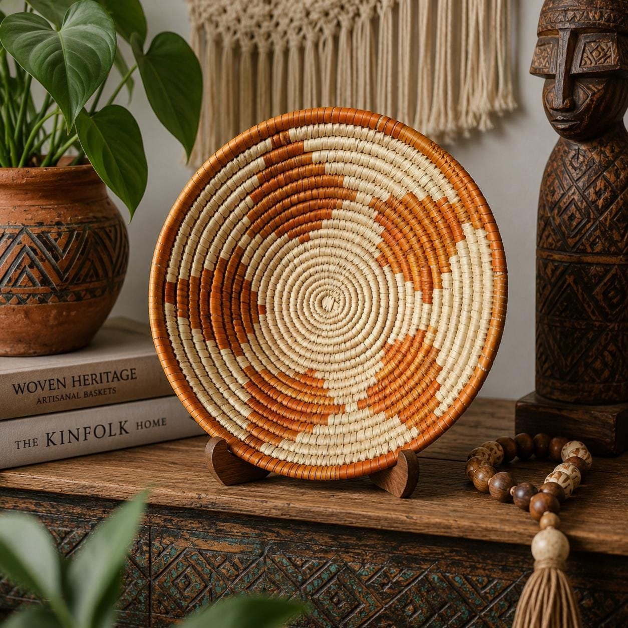 8 Inch Handwoven Wall Basket, Natural Cream & Rust Boho Wall Decor, Woven Basket Wall Art, Rustic Eclectic Home Decor