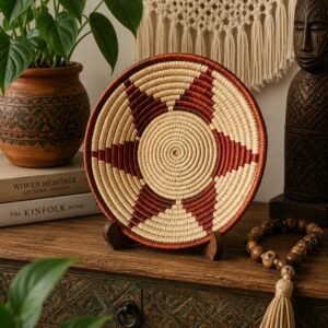 8 Inch Handwoven Wall Basket, Terracotta Rust & Natural Cream Boho Wall Decor, Woven Basket Wall Art, Earthy Eclectic Home Decor