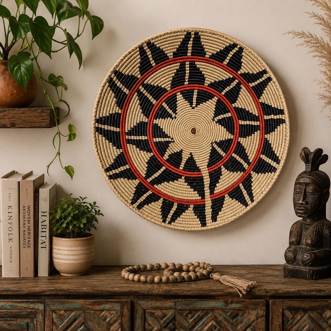 14 Inch Handwoven Wall Basket, Black Terracotta & Natural Boho Wall Decor, Geometric Woven Basket Wall Art, Eclectic Home Decor