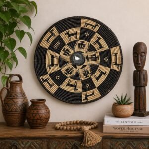 Onyx Compass 14 Inch Woven Wall Basket, Black Cream Radial Geometric Pattern, Handwoven Palm Fiber Boho Wall Decor, Fair Trade Gift