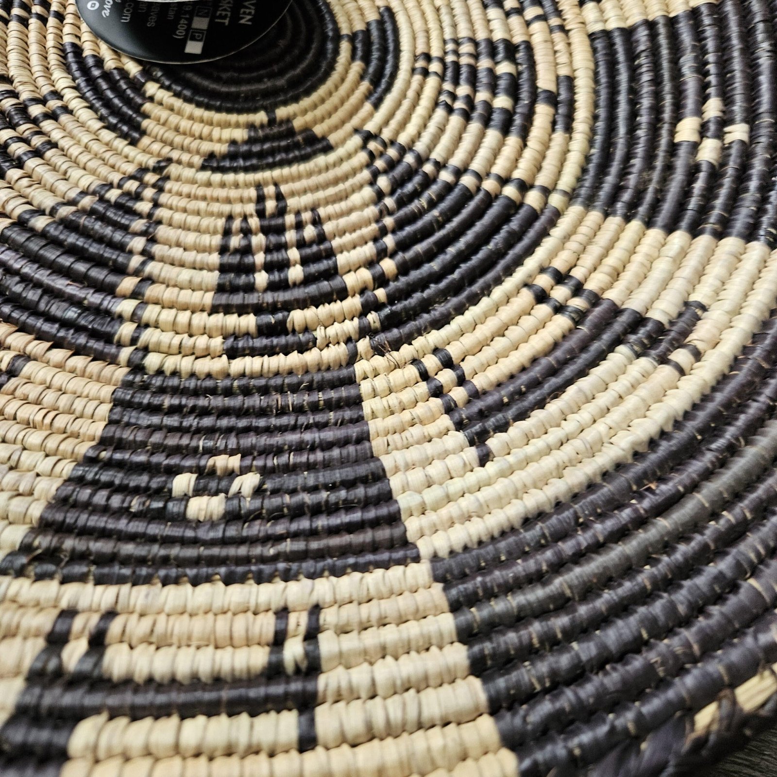 Onyx Compass 14 Inch Woven Wall Basket, Black Cream Radial Geometric Pattern, Handwoven Palm Fiber Boho Wall Decor, Fair Trade Gift - Image 3