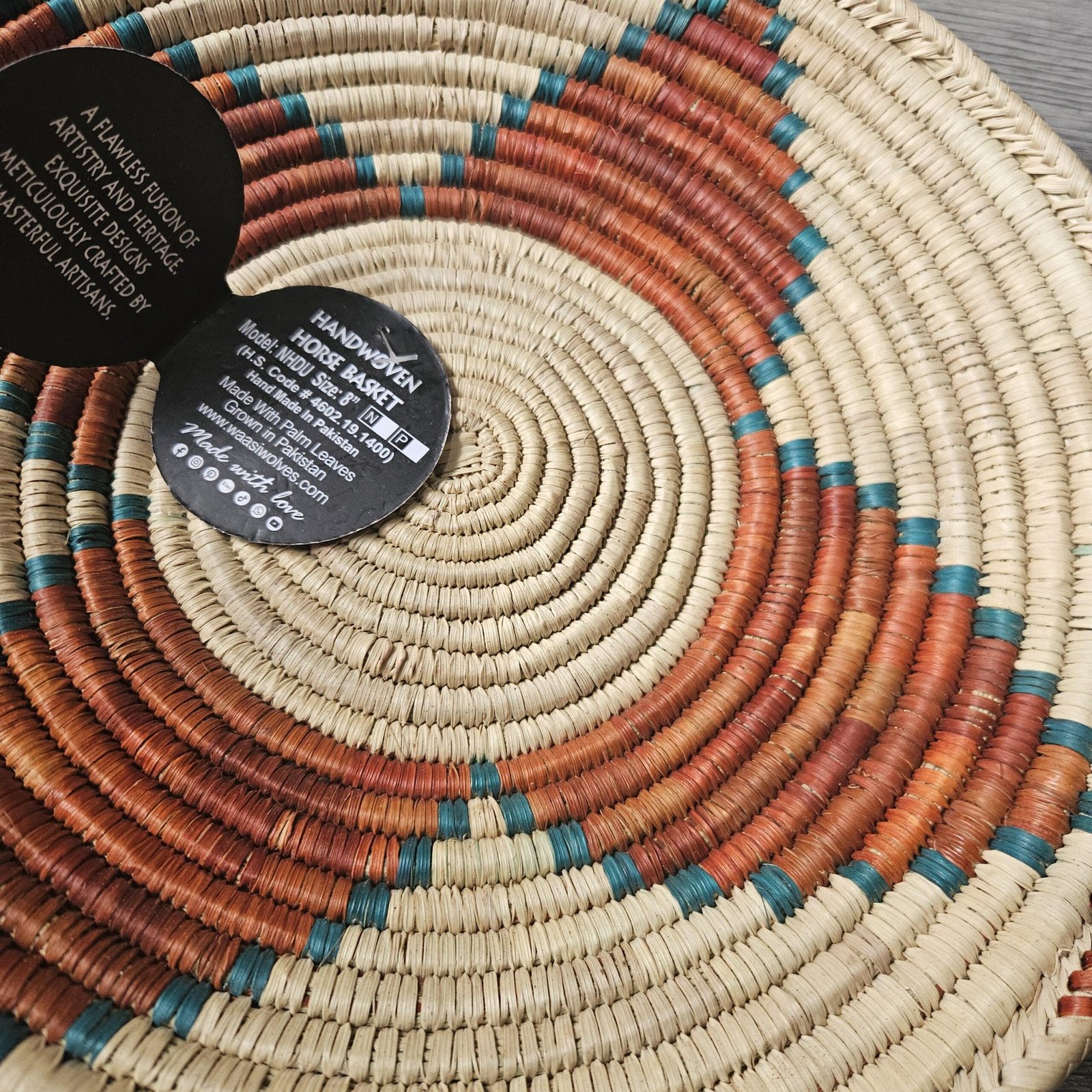 8 Inch Handwoven Wall Basket, Terracotta Rust green & Natural Cream Boho Wall Decor, Woven Basket Wall Art, Earthy Eclectic Home Decor - Image 2