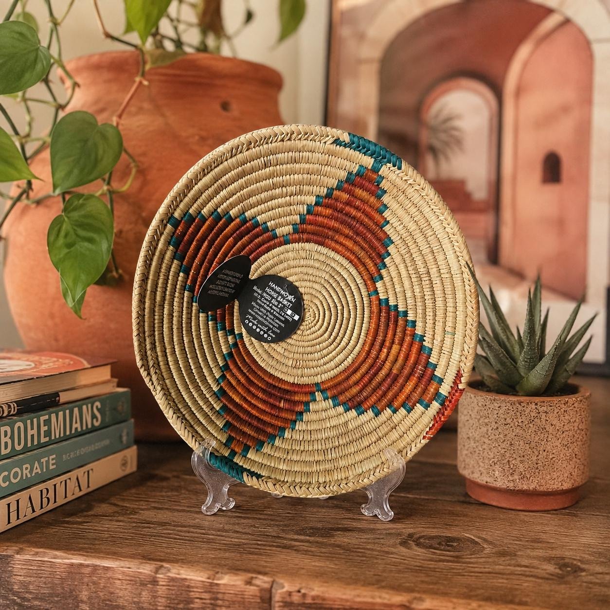 8 Inch Handwoven Wall Basket, Terracotta Rust green & Natural Cream Boho Wall Decor, Woven Basket Wall Art, Earthy Eclectic Home Decor