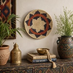 8 Inch Handwoven Wall Basket, Terracotta Rust green & Natural Cream Boho Wall Decor, Woven Basket Wall Art, Earthy Eclectic Home Decor