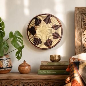 Espresso Diamond 8" Handwoven Wall Basket, Brown Cream Diamond Pattern, Woven Wall Decor, Boho Home Decor, Fair Trade Gift