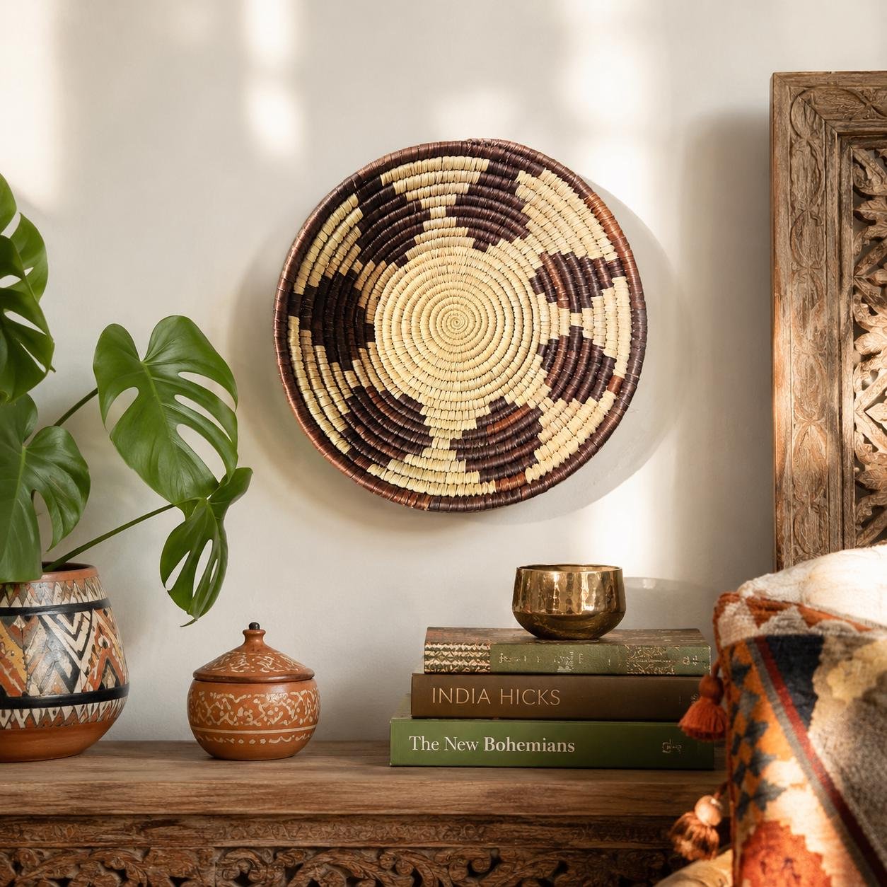 Espresso Diamond 8" Handwoven Wall Basket, Brown Cream Diamond Pattern, Woven Wall Decor, Boho Home Decor, Fair Trade Gift