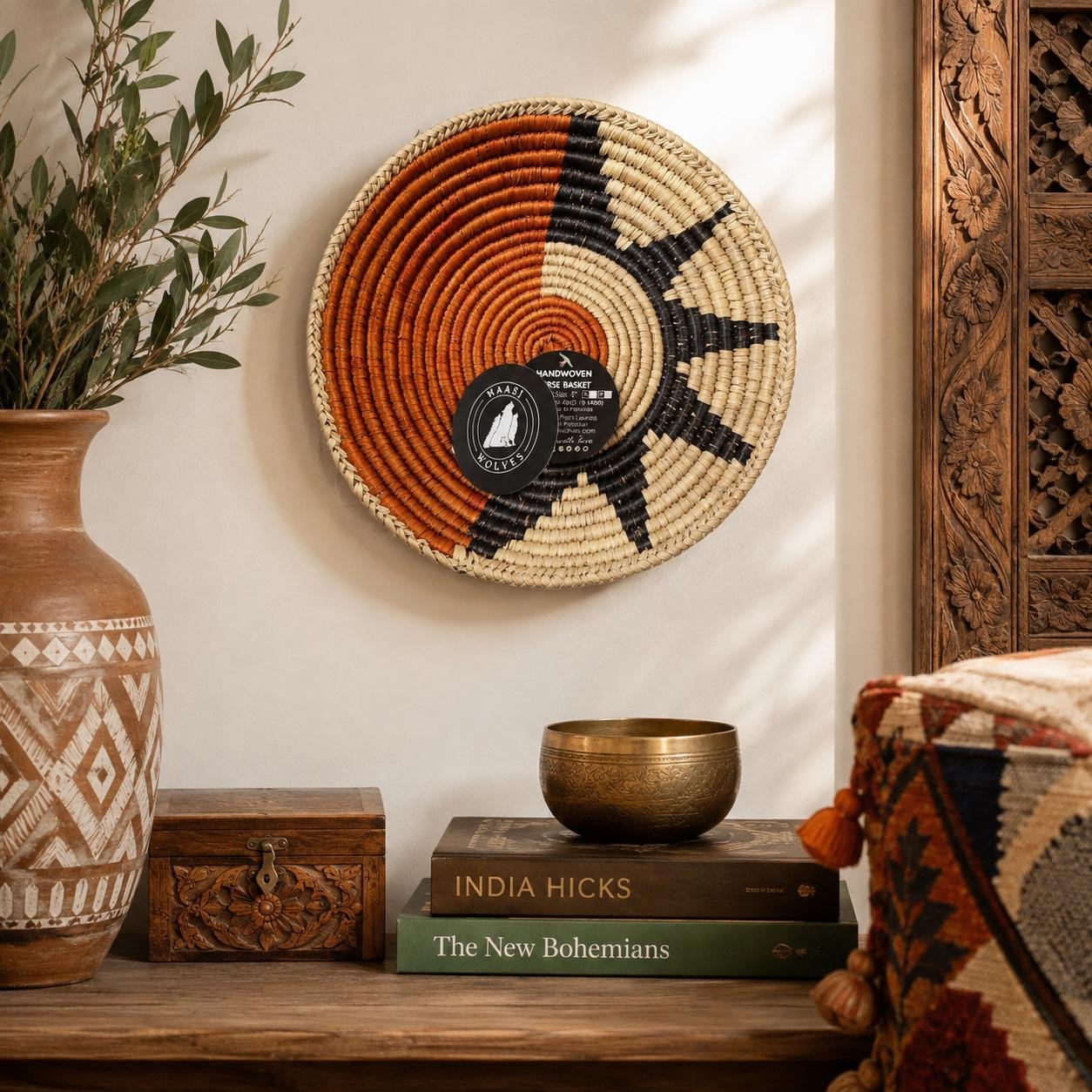 Sunset Zigzag 8" Handwoven Wall Basket, Orange Cream Split Pattern, Woven Wall Decor, Boho Home Decor, Fair Trade Gift - Image 2