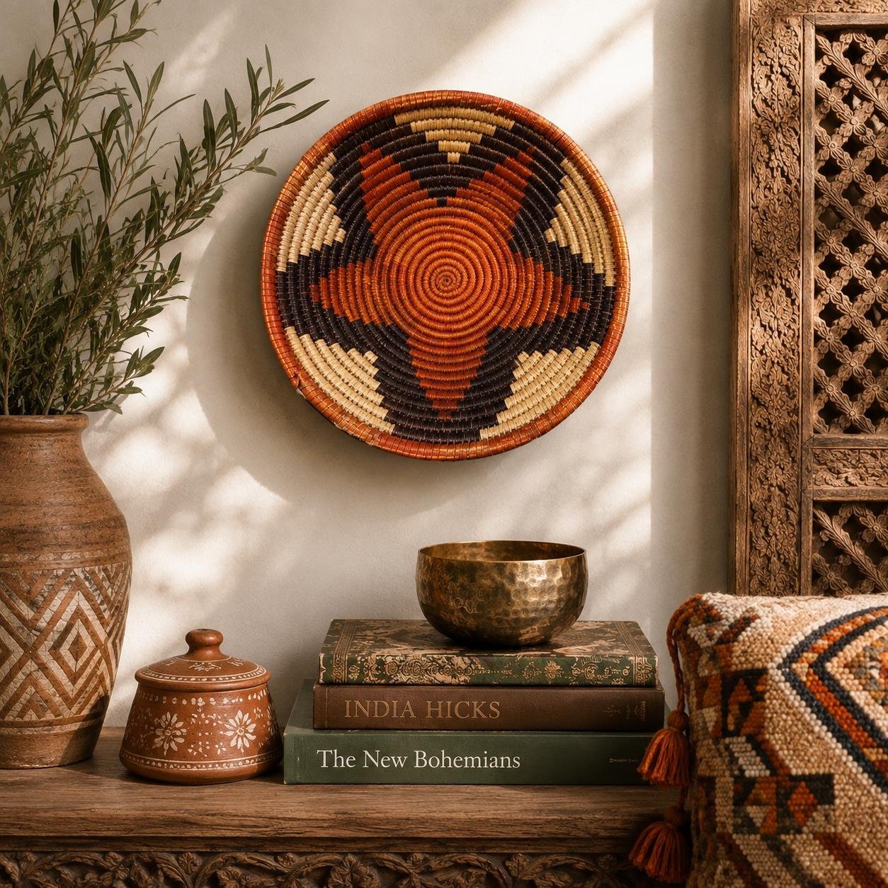 Terracotta Ember 8" Handwoven Wall Basket, Brown Cream Rust Pattern, Woven Wall Decor, Boho Home Decor, Fair Trade Gift - Image 3
