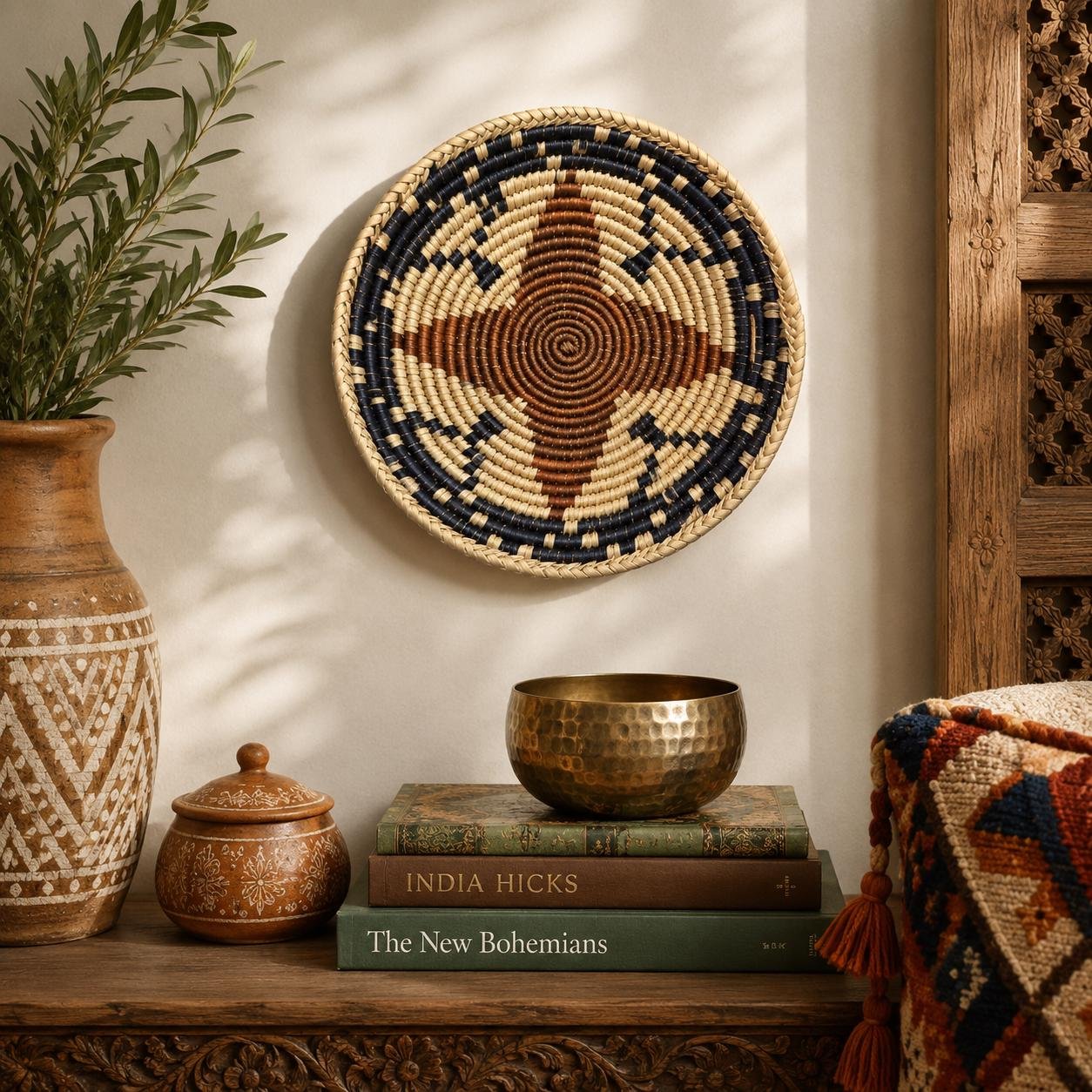 8 Inch Handwoven Wall Basket, Terracotta Rust green & Natural Cream Boho Wall Decor, Woven Basket Wall Art, Earthy Eclectic Home Decor