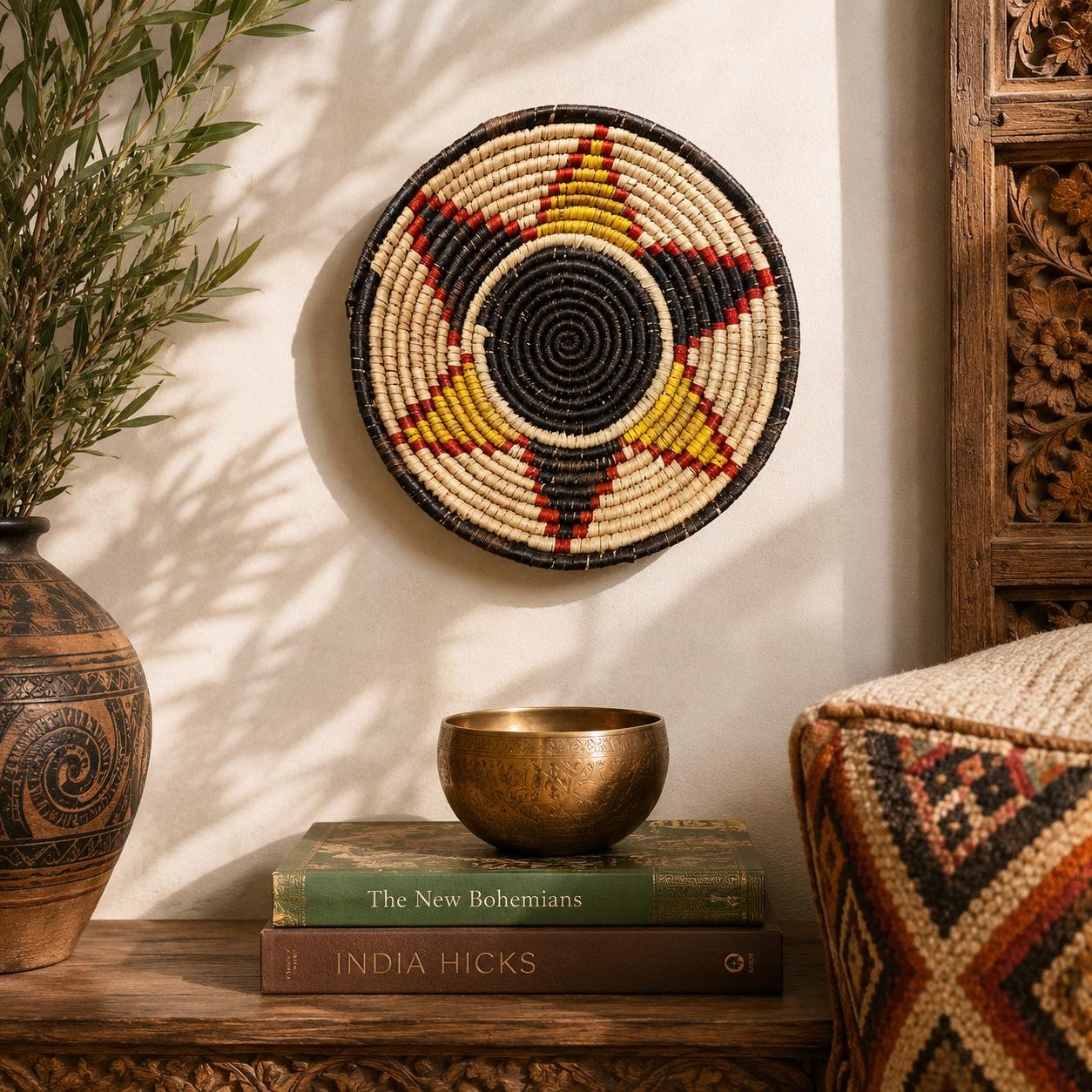 Saffron Diamond 8" Handwoven Wall Basket, Brown Red Yellow Diamond Pattern, Woven Wall Decor, Boho Home Decor, Fair Trade Gift