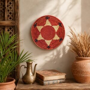 8 Inch Handwoven Wall Basket, Rust Red Boho Woven Wall Art, African Basket Decor, Eclectic Global Home Decor