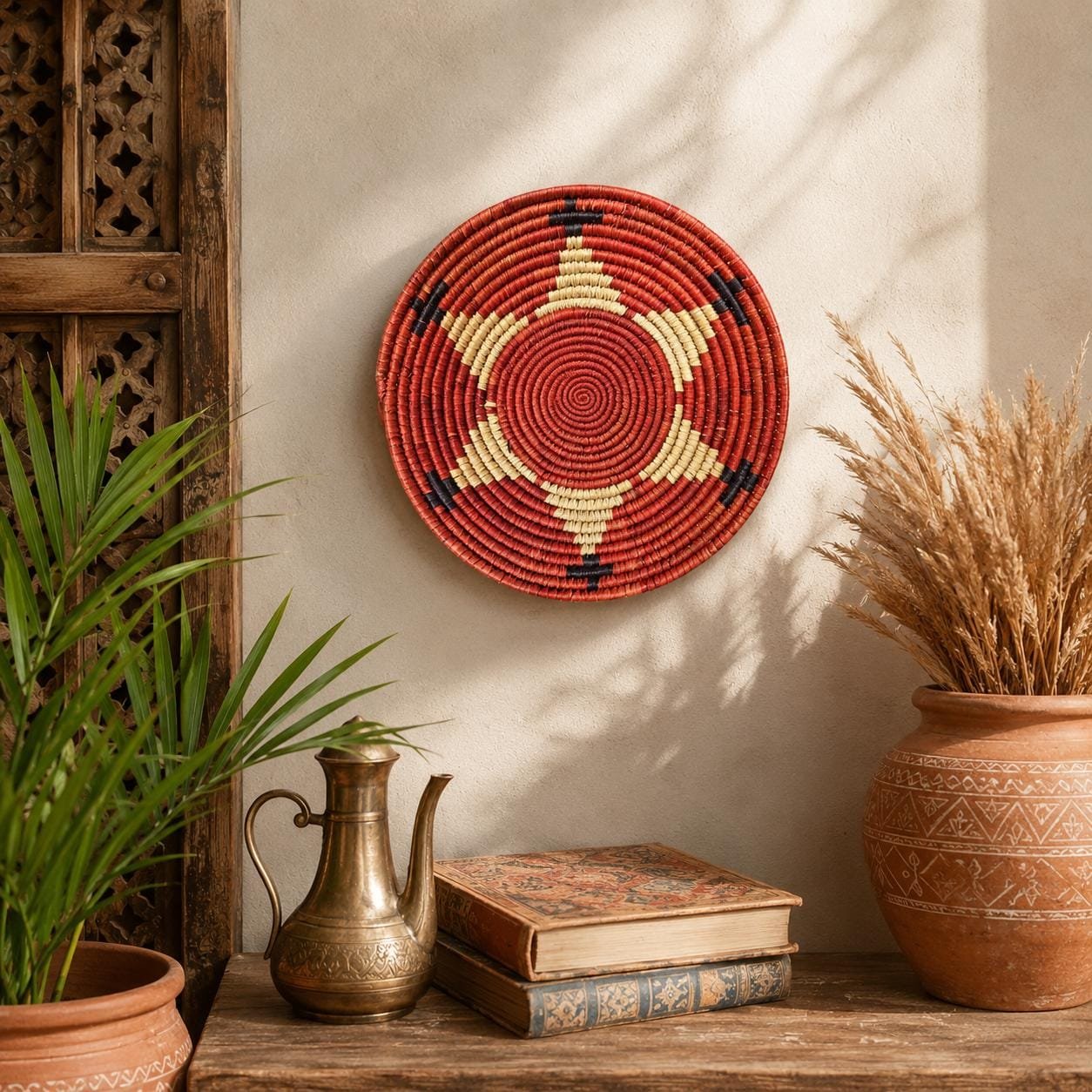 8 Inch Handwoven Wall Basket, Rust Red Boho Woven Wall Art, African Basket Decor, Eclectic Global Home Decor