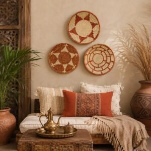 Desert Mosaic Wall Basket Set of 3 | Handwoven Boho Southwestern Decor, Rust orange terracotta & Natural 10 inches