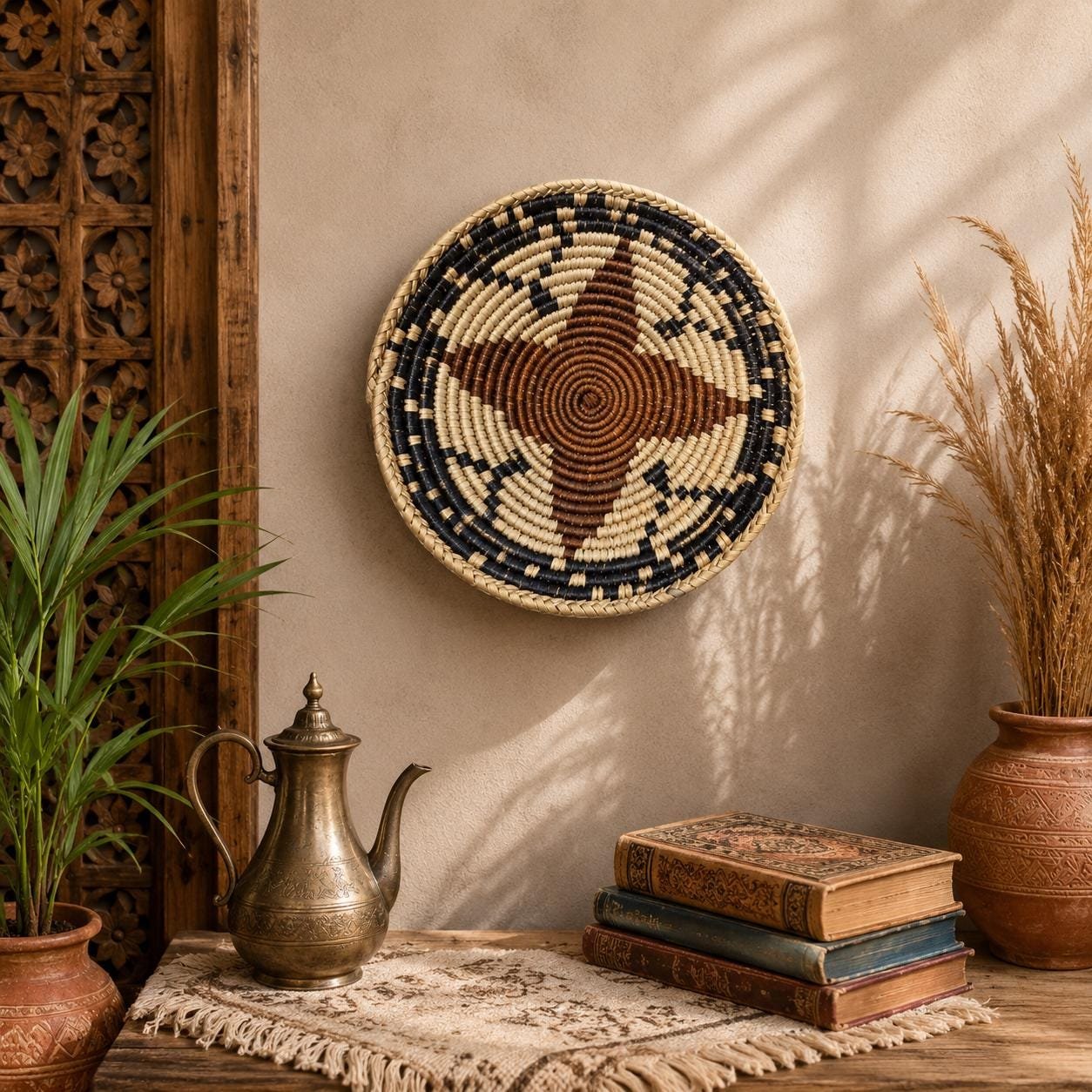 Rustic Ember 8" Handwoven Wall Basket, Rust Brown Black Pattern, Woven Wall Decor, Boho Home Decor, Fair Trade Gift