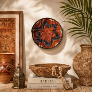 Terracotta Ember 8" Handwoven Wall Basket, Brown Cream Rust Pattern, Woven Wall Decor, Boho Home Decor, Fair Trade Gift