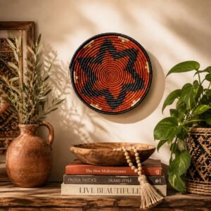 Terracotta Ember 8" Handwoven Wall Basket, Brown Cream Rust Pattern, Woven Wall Decor, Boho Home Decor, Fair Trade Gift