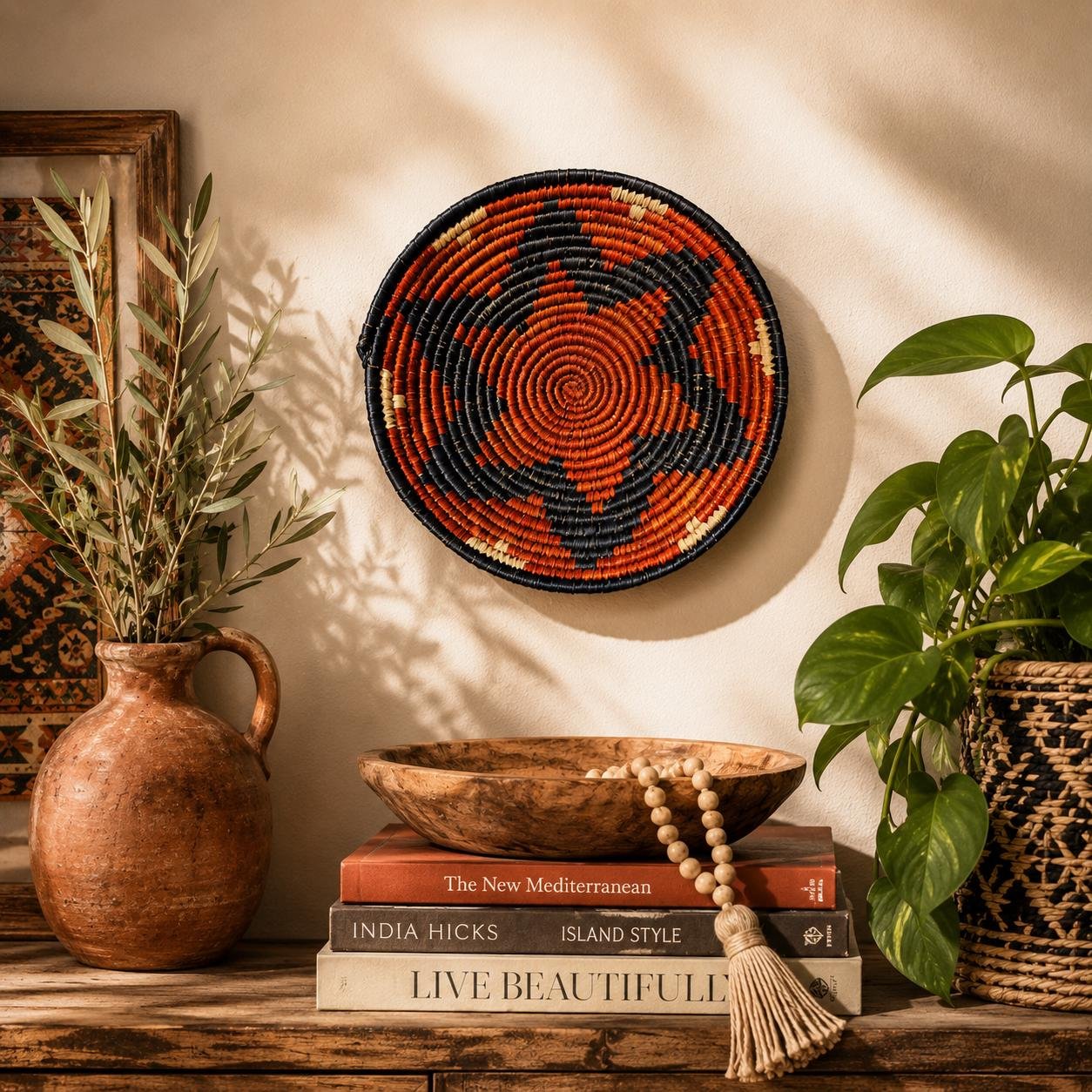 Terracotta Ember 8" Handwoven Wall Basket, Brown Cream Rust Pattern, Woven Wall Decor, Boho Home Decor, Fair Trade Gift