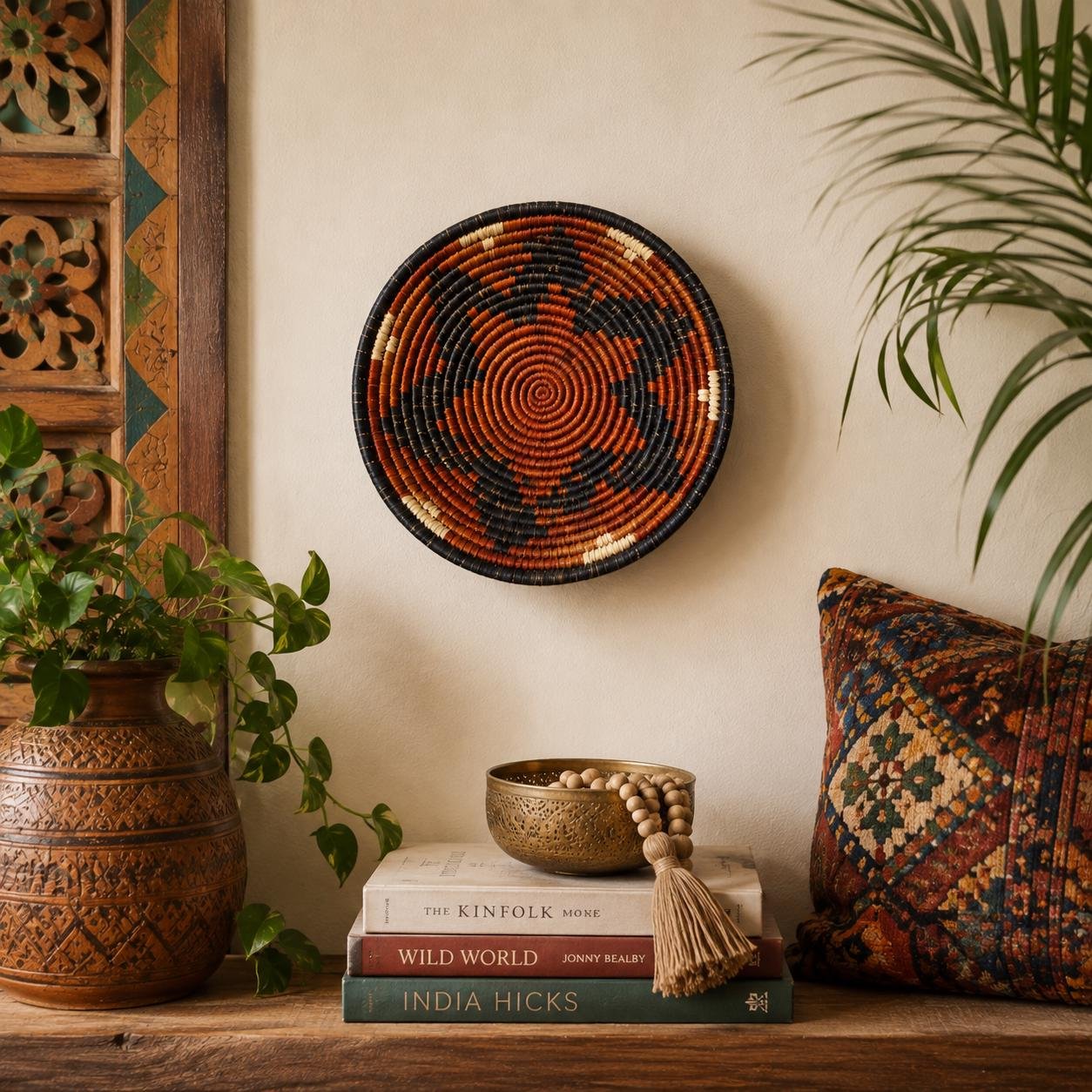 Terracotta Ember 8" Handwoven Wall Basket, Brown Cream Rust Pattern, Woven Wall Decor, Boho Home Decor, Fair Trade Gift - Image 4