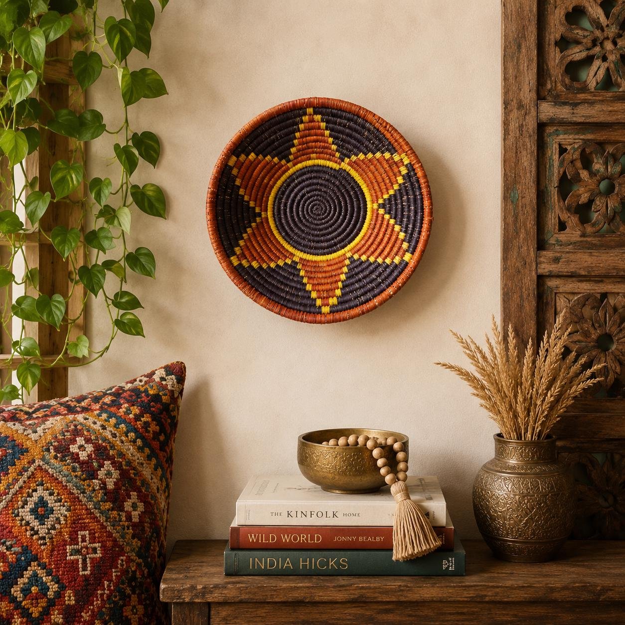 8 Inch Woven Wall Basket, Boho Wall Decor, Handwoven Basket Wall Art, Rust Black & Yellow Eclectic Indian Home Decor