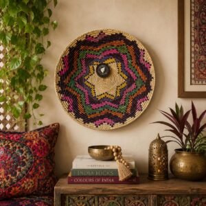 Boho Wall Basket Decor, Colorful Woven Wall Hanging, African Basket Art, 14 Inch Statement Piece, Southwestern Home Decor