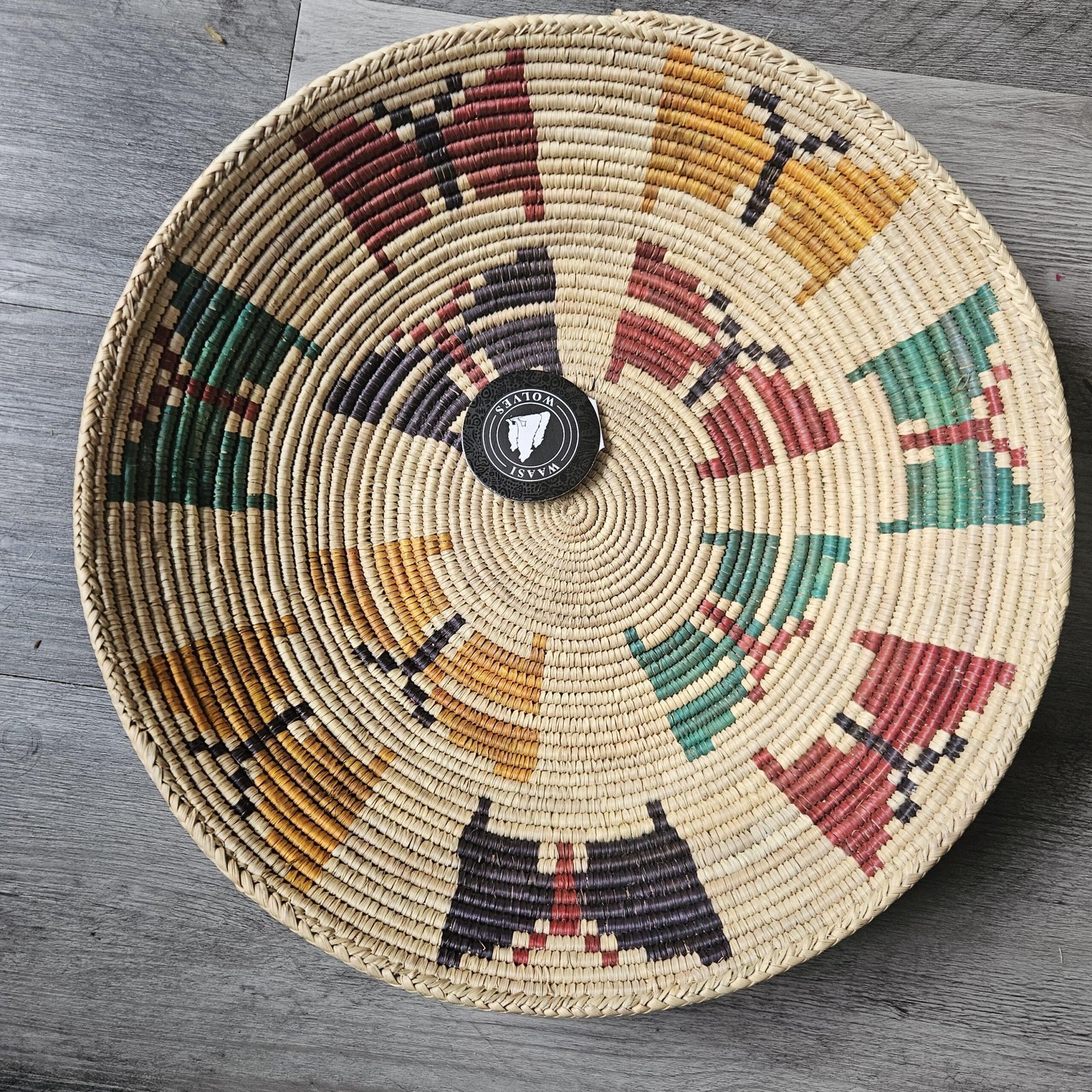 14 Inch Handwoven Wall Basket, Rust Mustard & Green Boho Woven Wall Decor - Image 2