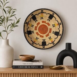 14" Handwoven Wall Basket, Solstice Circle Rust & Black Radial Pattern | Boho Wall Decor, Fair Trade Gift