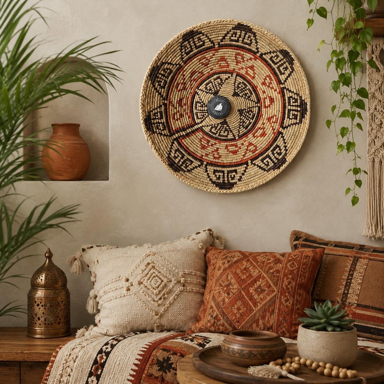 14" Handwoven Wall Basket, Terracotta Maze Rust & Brown Concentric Pattern | Boho Wall Decor, Fair Trade Gift