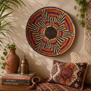 14" Handwoven Wall Basket, Violet Spectrum Purple & Rust Geometric Pattern | Boho Wall Decor, Fair Trade Gift