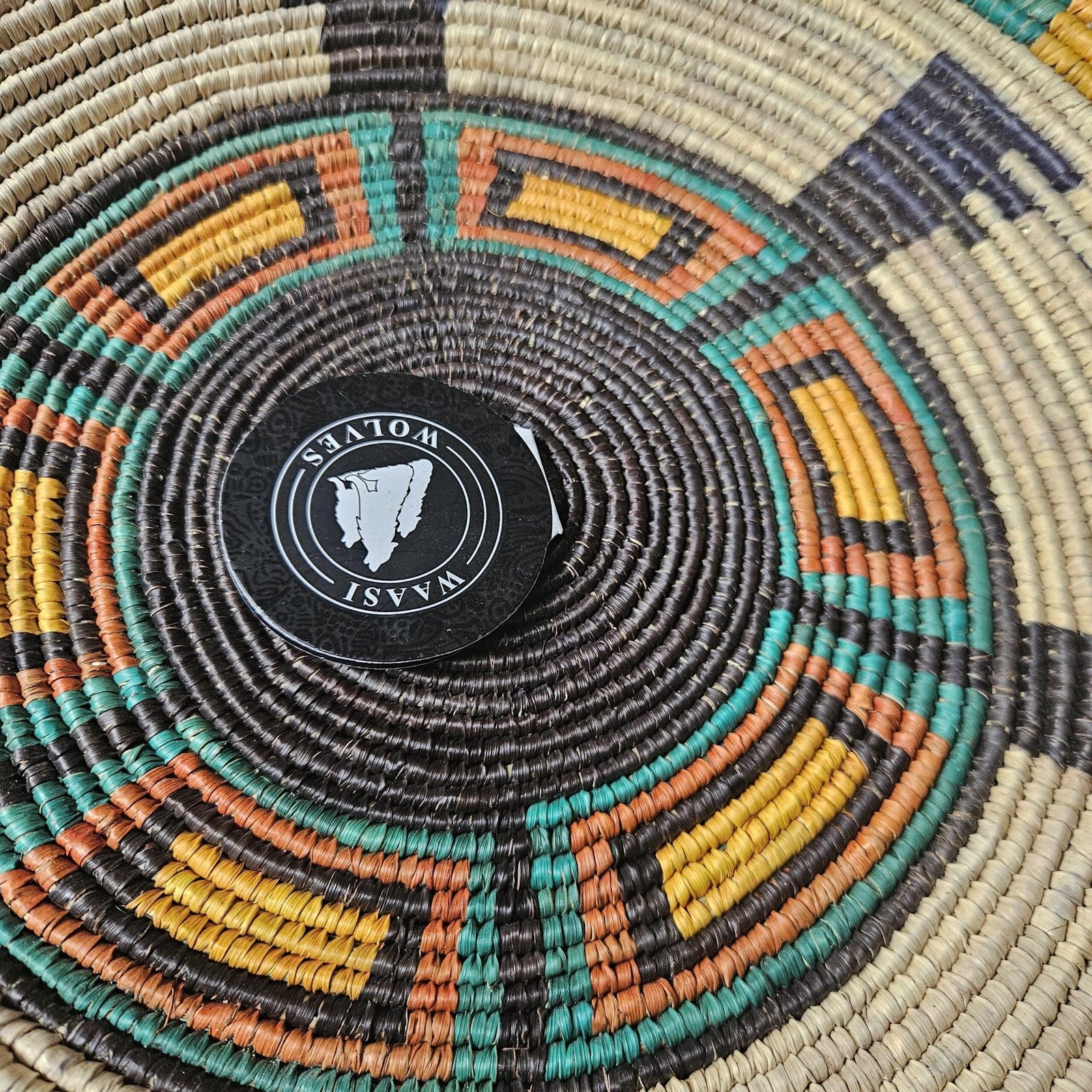 14" Handwoven Wall Basket, Teal Compass Multicolor Geometric Pattern | Boho Wall Decor, Fair Trade Gift - Image 5