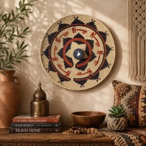 14" Handwoven Wall Basket, Plum Starburst Rust & Plum Geometric Pattern | Boho Wall Decor, Fair Trade Gift