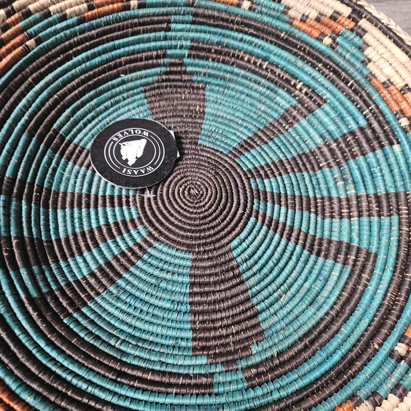 14" Handwoven Wall Basket, Turquoise Pinwheel Black & Rust Accent Pattern | Boho Wall Decor, Fair Trade Gift - Image 3