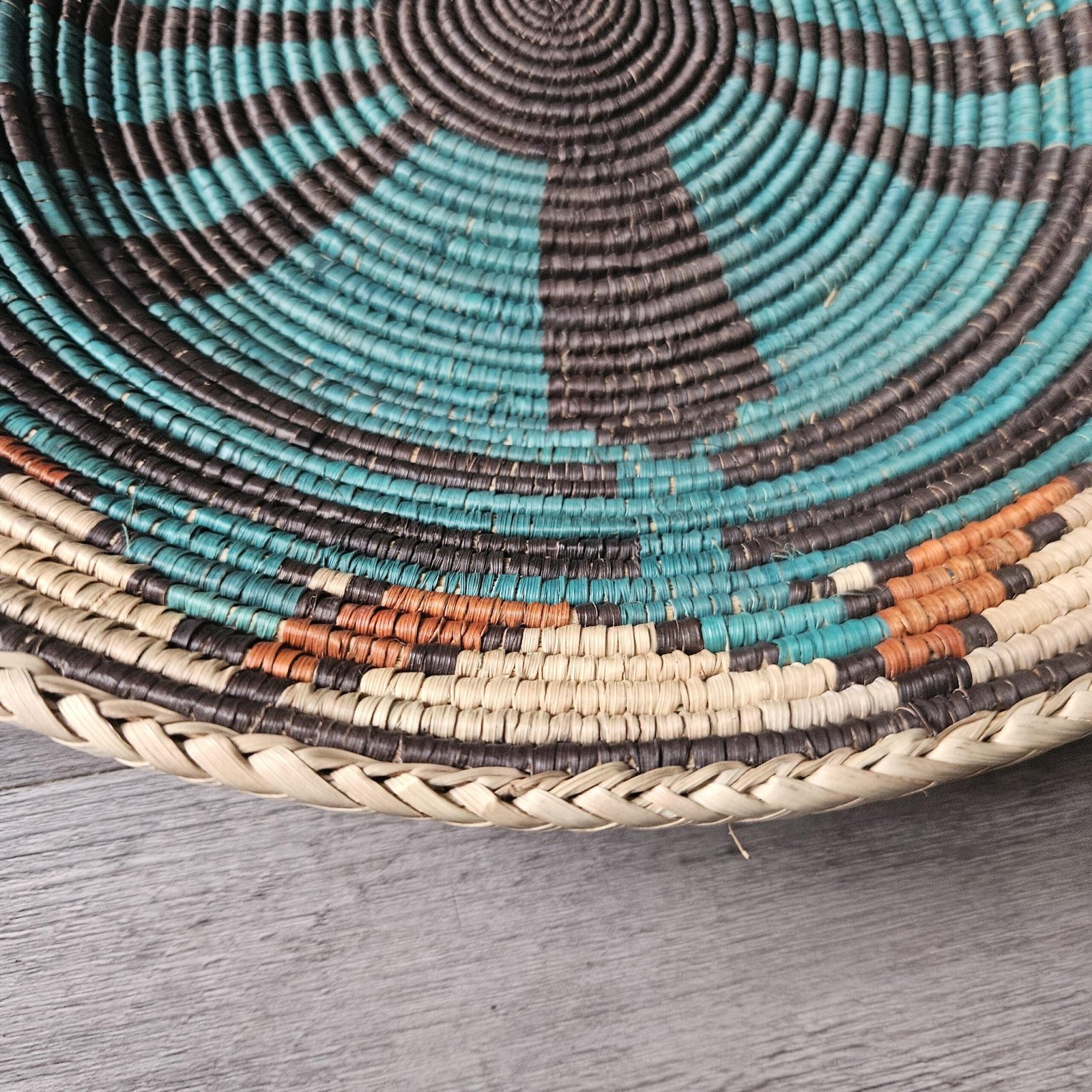 14" Handwoven Wall Basket, Turquoise Pinwheel Black & Rust Accent Pattern | Boho Wall Decor, Fair Trade Gift - Image 4