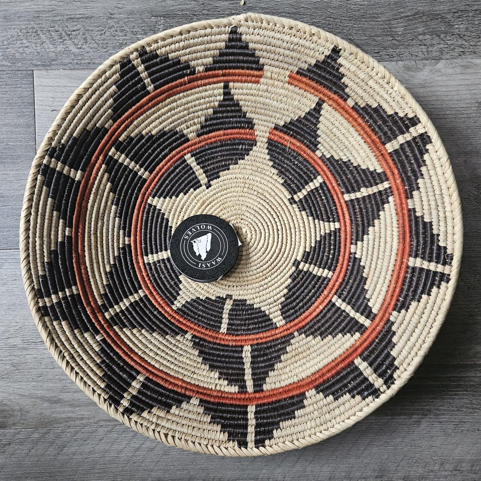 14" Handwoven Wall Basket, Onyx Star Ring Black & Rust Geometric Pattern | Boho Wall Decor, Fair Trade Gift - Image 3
