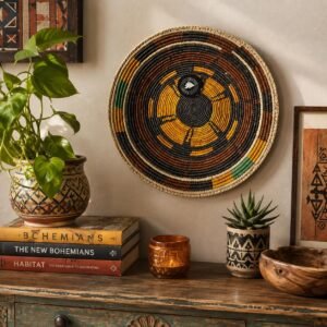 14" Handwoven Wall Basket, Golden Sage Mustard & Brown Radial Pattern | Boho Wall Decor, Fair Trade Gift