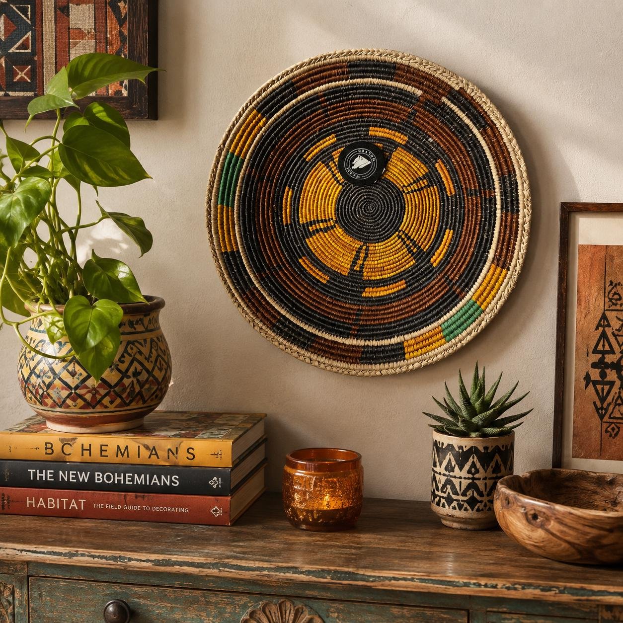 14" Handwoven Wall Basket, Golden Sage Mustard & Brown Radial Pattern | Boho Wall Decor, Fair Trade Gift