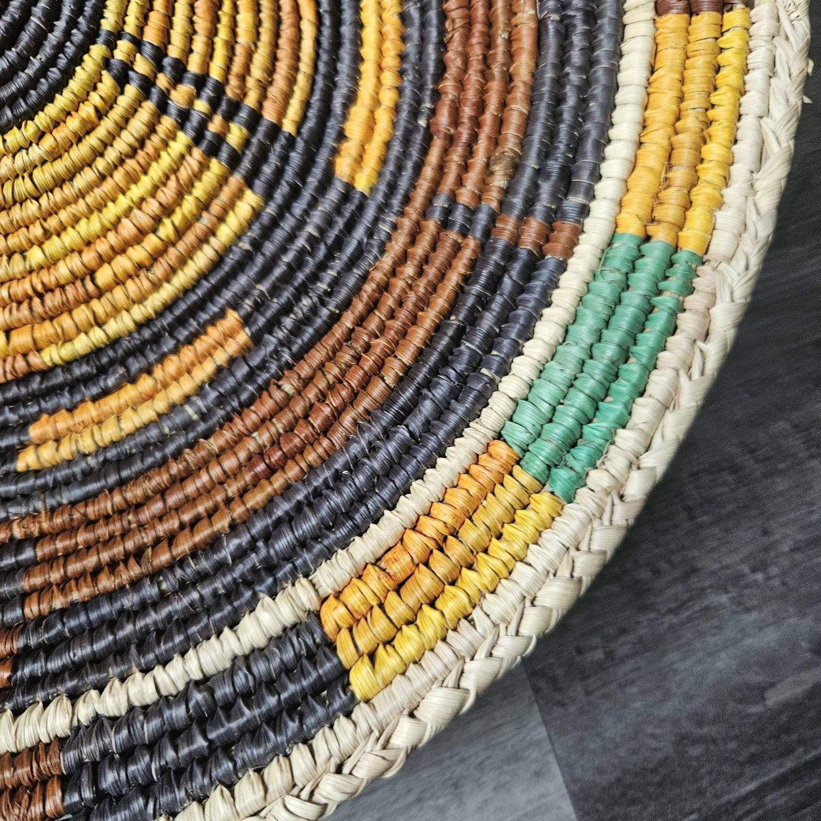 14" Handwoven Wall Basket, Golden Sage Mustard & Brown Radial Pattern | Boho Wall Decor, Fair Trade Gift - Image 2