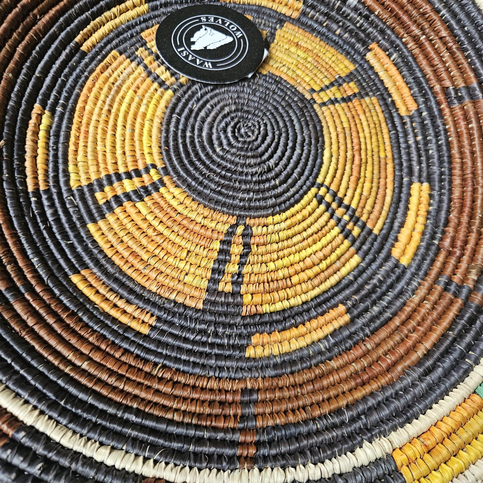 14" Handwoven Wall Basket, Golden Sage Mustard & Brown Radial Pattern | Boho Wall Decor, Fair Trade Gift - Image 3