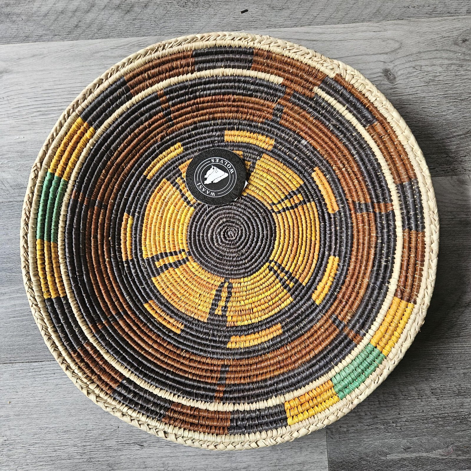 14" Handwoven Wall Basket, Golden Sage Mustard & Brown Radial Pattern | Boho Wall Decor, Fair Trade Gift - Image 4