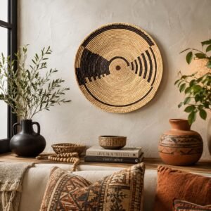 14" Handwoven Wall Basket, Black Wave Spiral Natural & Black Asymmetric Pattern | Boho Wall Decor, Fair Trade Gift
