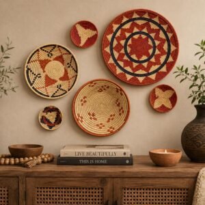 Boho Wall Basket Set of 6, Handwoven Gallery Wall Baskets, Rust & Natural Mixed Sizes | Fair Trade Home Decor