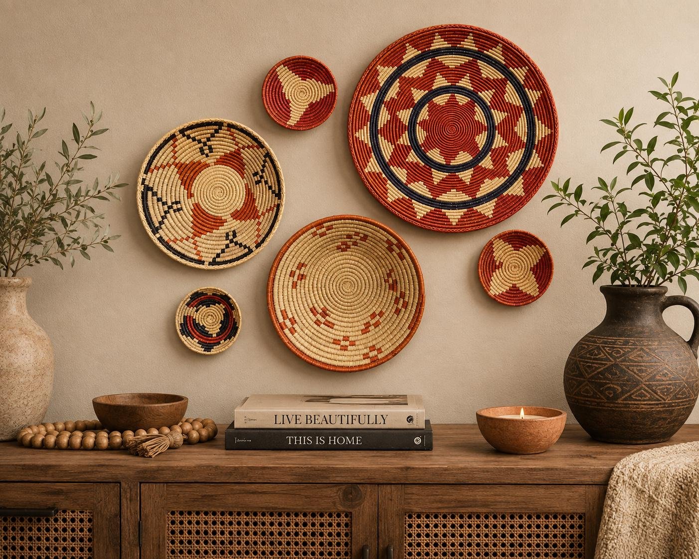Boho Wall Basket Set of 6, Handwoven Gallery Wall Baskets, Rust & Natural Mixed Sizes | Fair Trade Home Decor