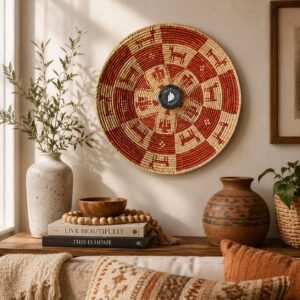 14" Handwoven Wall Basket, Terracotta Pinwheel Rust & Natural Geometric Pattern | Boho Wall Decor, Fair Trade Gift