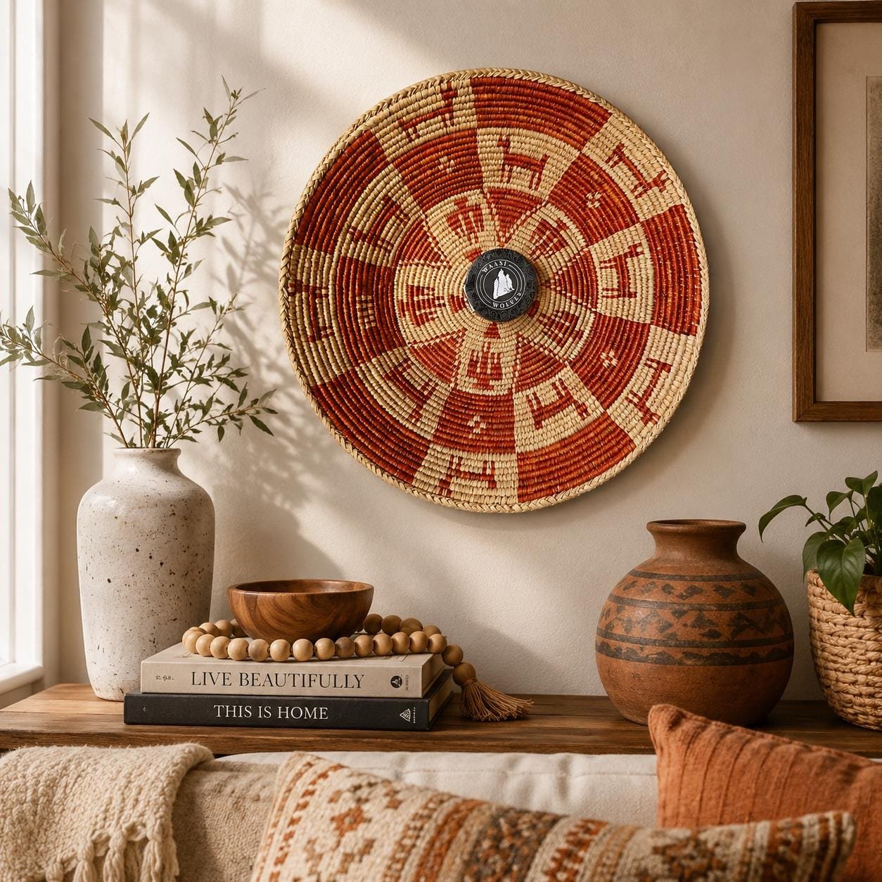 14" Handwoven Wall Basket, Terracotta Pinwheel Rust & Natural Geometric Pattern | Boho Wall Decor, Fair Trade Gift