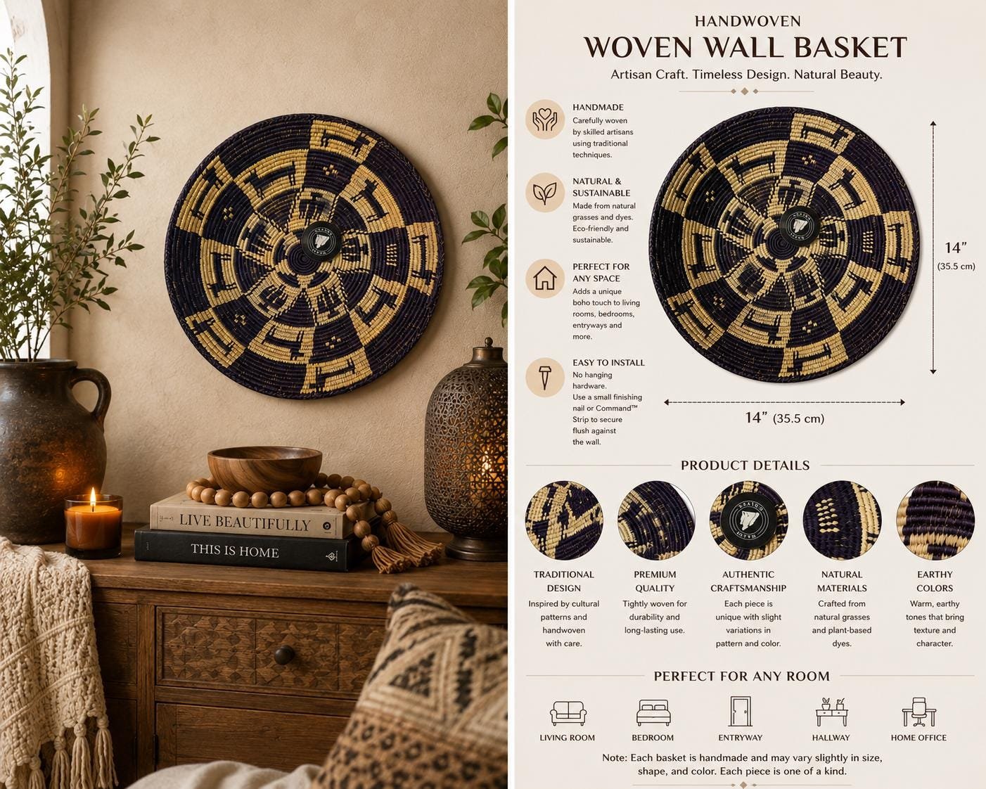 14" Handwoven Wall Basket, Aubergine Spoke Plum & Natural Geometric Pattern | Boho Wall Decor, Fair Trade Gift - Image 3