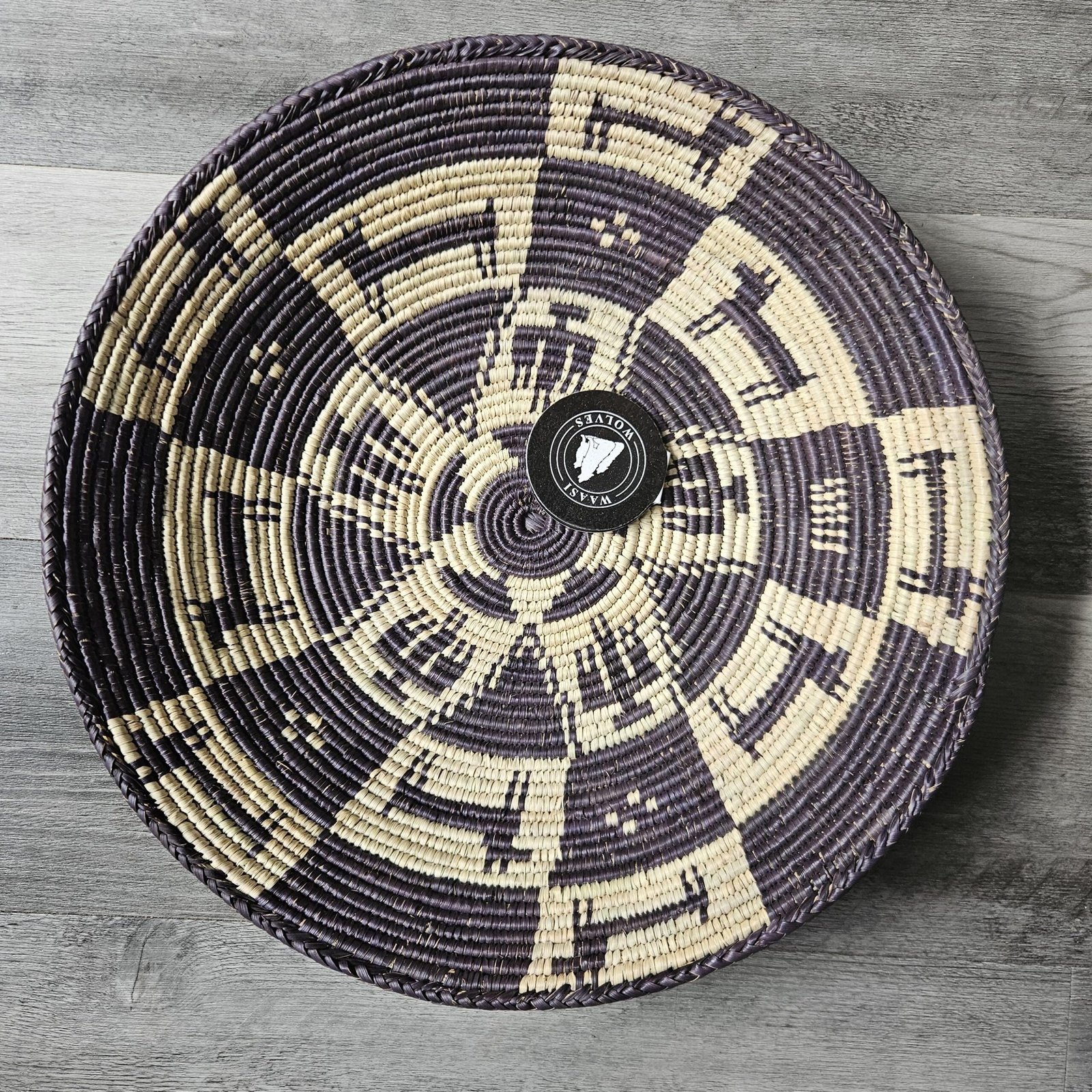 14" Handwoven Wall Basket, Aubergine Spoke Plum & Natural Geometric Pattern | Boho Wall Decor, Fair Trade Gift - Image 2
