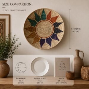17" wide Handwoven Wall Bowl Basket, 6 inches deep Rainbow Sunburst Multicolor Radial Pattern | Boho Wall Decor, Fair Trade Gift