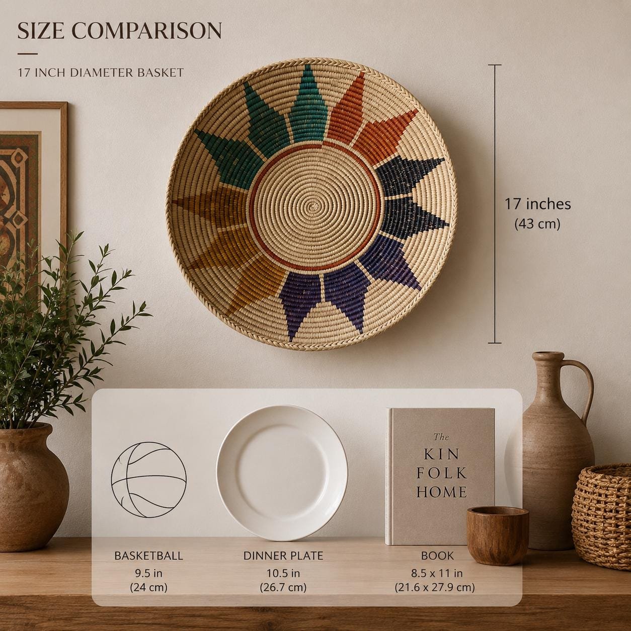 17" wide Handwoven Wall Bowl Basket, 6 inches deep Rainbow Sunburst Multicolor Radial Pattern | Boho Wall Decor, Fair Trade Gift