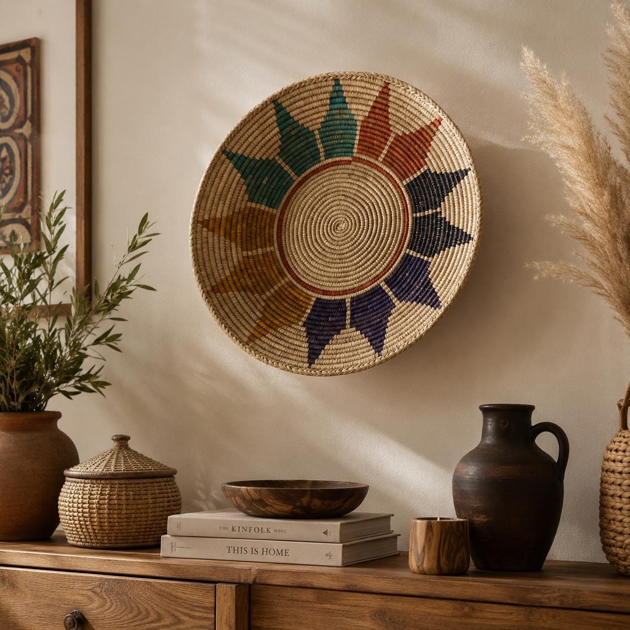 17" wide Handwoven Wall Bowl Basket, 6 inches deep Rainbow Sunburst Multicolor Radial Pattern | Boho Wall Decor, Fair Trade Gift - Image 2