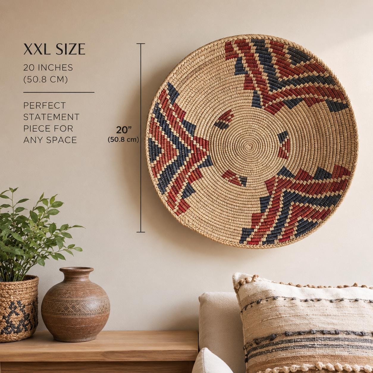 20" XXL Handwoven Wall Basket, 10 inch depth Navy Rust Mosaic Multicolor Pattern | Large Boho Wall Decor, Fair Trade Gift - Image 2