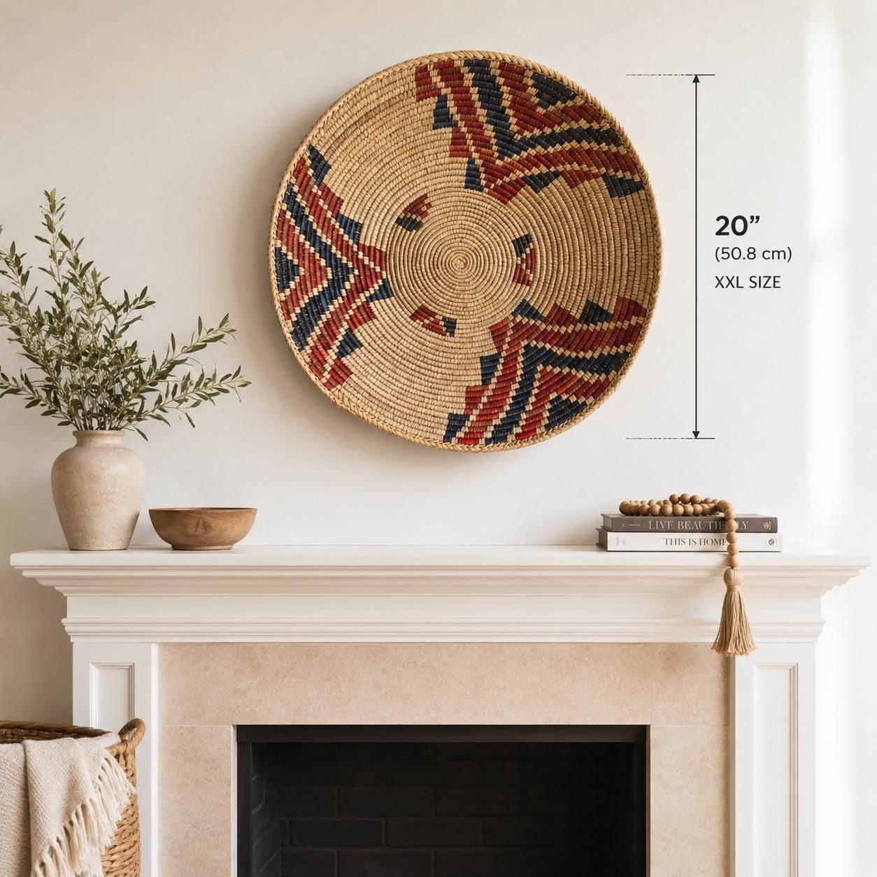 20" XXL Handwoven Wall Basket, 10 inch depth Navy Rust Mosaic Multicolor Pattern | Large Boho Wall Decor, Fair Trade Gift - Image 3